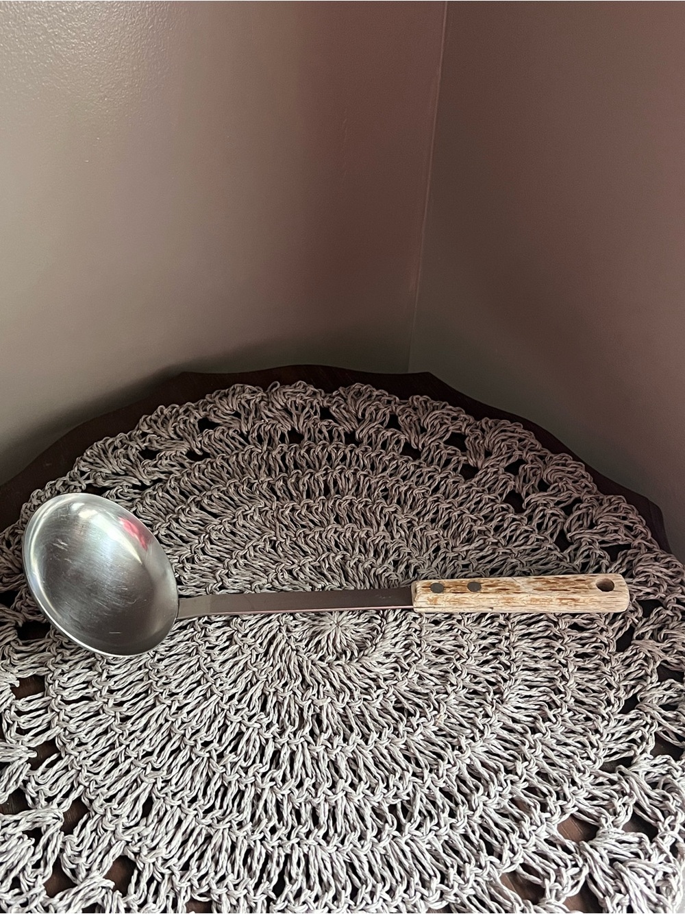 Vintage stainless steel soup ladle with wooden handle retro kitchen utensil